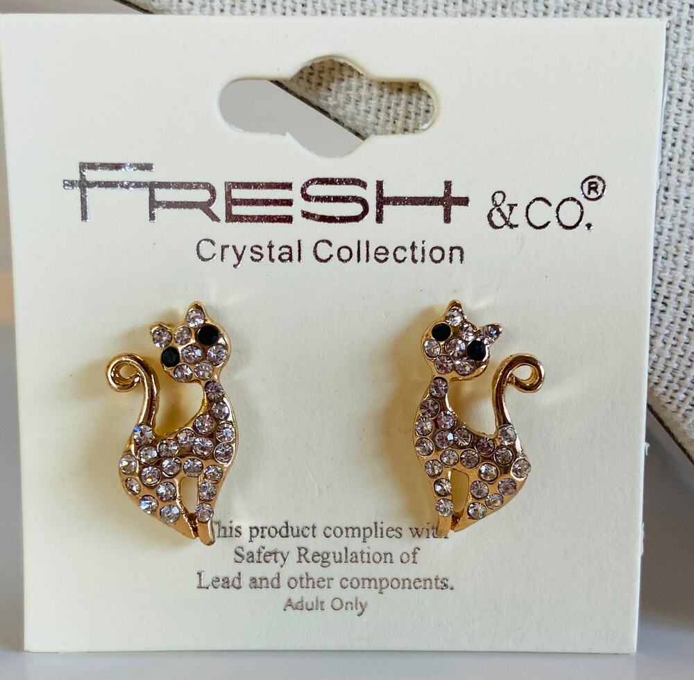 New Gold & Crystal Retro Style Feline Kitty Cat Kitten Post Pierced Earrings